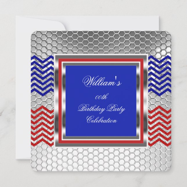 Elegant Chevron Red Blue Silver Birthday Party Invitation (Front)