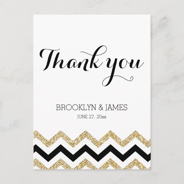 Elegant Chevron Wedding Thank You Postcards Gold (Front)
