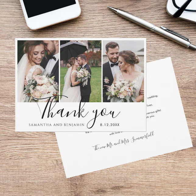 Elegant Chic 3 Wedding Photos Script Thank You Card | Zazzle