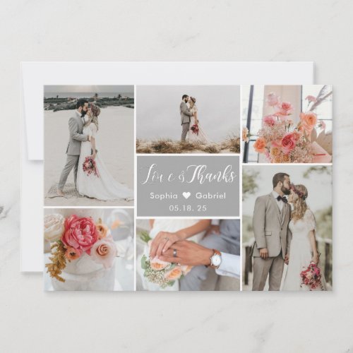 Elegant Chic 6 Photo Collage Grey Wedding Thank You Card