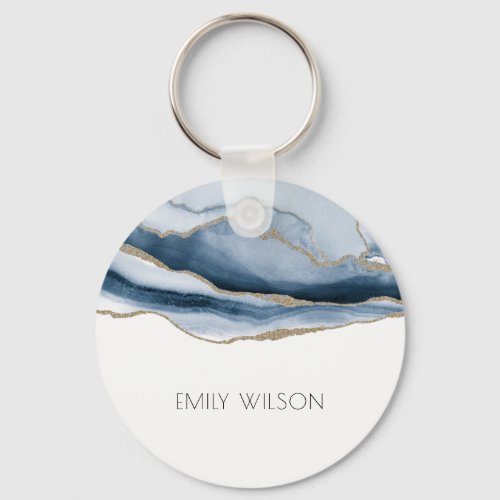Elegant Chic Abstract Agate Blue Gold  Watercolor Keychain