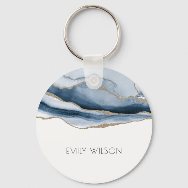 Elegant Chic Abstract Agate Blue Gold  Watercolor Keychain (Front)