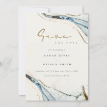 Elegant Chic Abstract Watercolor Blue Gold Beachy Save The Date