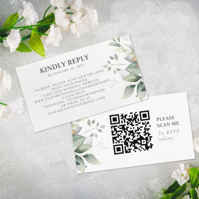 Elegant chic airy eucalyptus leaves QR Code RSVP Enclosure Card (Creator Uploaded)