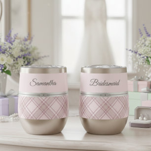 Elegant Chic and Pink Plaid Bridesmaid Name Thermal Wine Tumbler