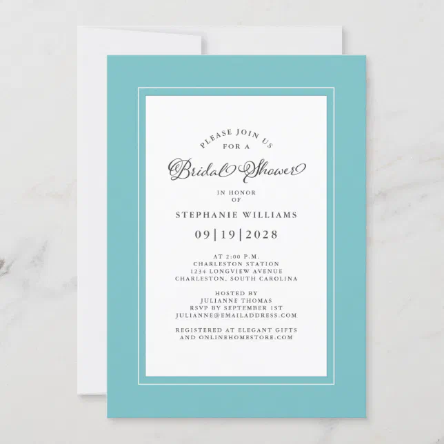 Elegant Chic Aqua Wedding Bridal Shower Invitation | Zazzle