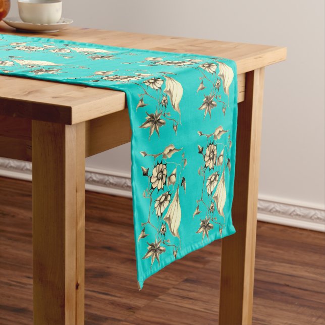 Elegant Chic  Aqua Whimsical Exotic Sepia Short Table Runner (In Situ)