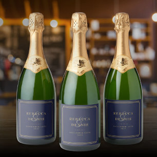 Elegant Chic Art Deco Navy Blue And Gold Wedding Sparkling Wine Label