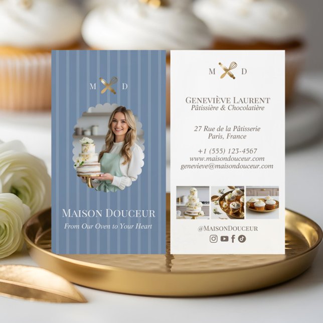 Elegant Chic Bakery Stripes & Gold Whisk Photo  Business Card (Elegant Chic Bakery Stripes & Gold Whisk Photo Business Card)