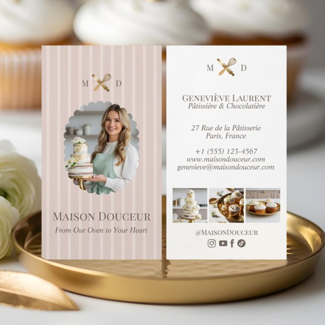 Elegant Chic Bakery Stripes & Gold Whisk Photo  Business Card (Elegant Chic Bakery Stripes & Gold Whisk Photo Business Card)
