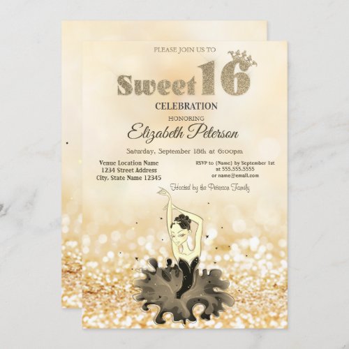 Elegant Chic Ballerina Gold Bokeh Sweet 16 Invitation