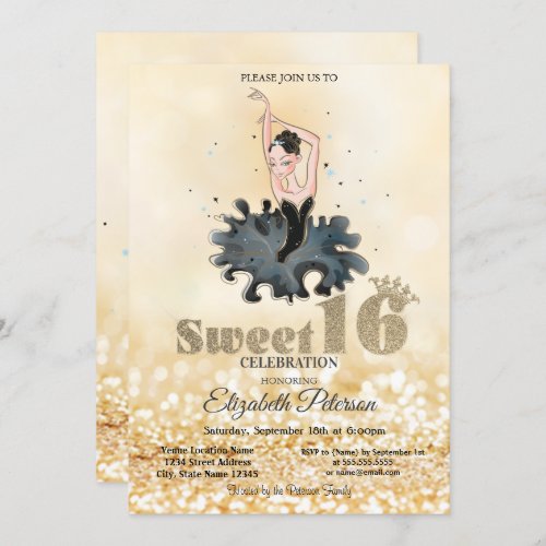 Elegant Chic Ballerina Gold Glitter Bokeh Sweet 16 Invitation