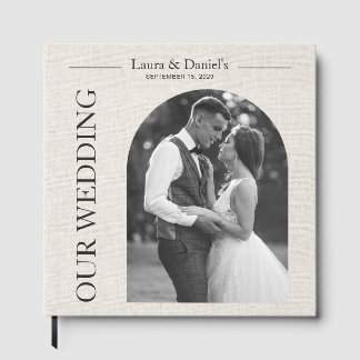 Elegant Chic Beige Linen Look Couple Photo Wedding Guest Book