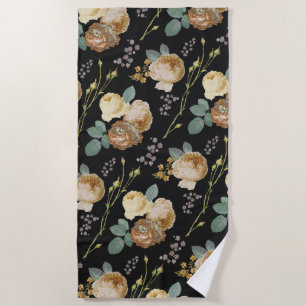 Elegant Chic Beige Roses Floral on Black Beach Towel