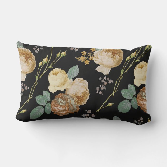 Elegant Chic Beige Roses Floral on Black  Lumbar Pillow (Back)