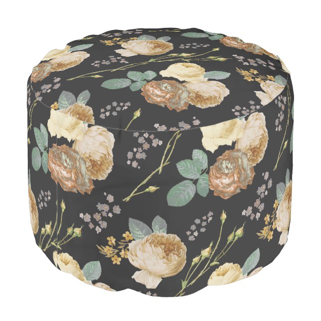Elegant Chic Beige Roses Floral on Black  Pouf (Angled Back)