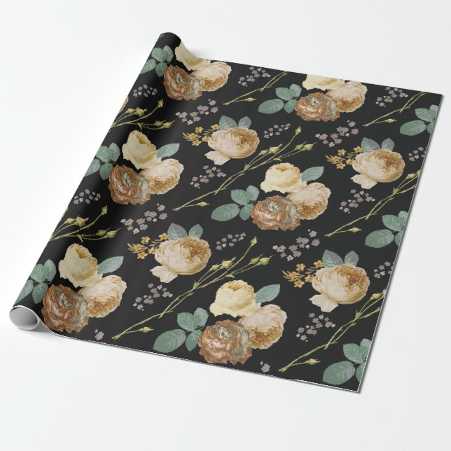 Elegant Chic Beige Roses Floral on Black Wrapping Paper (Unrolled)