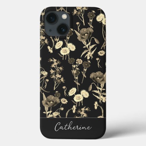 Elegant Chic Beige Wildflowers Name on Black iPhone 13 Case
