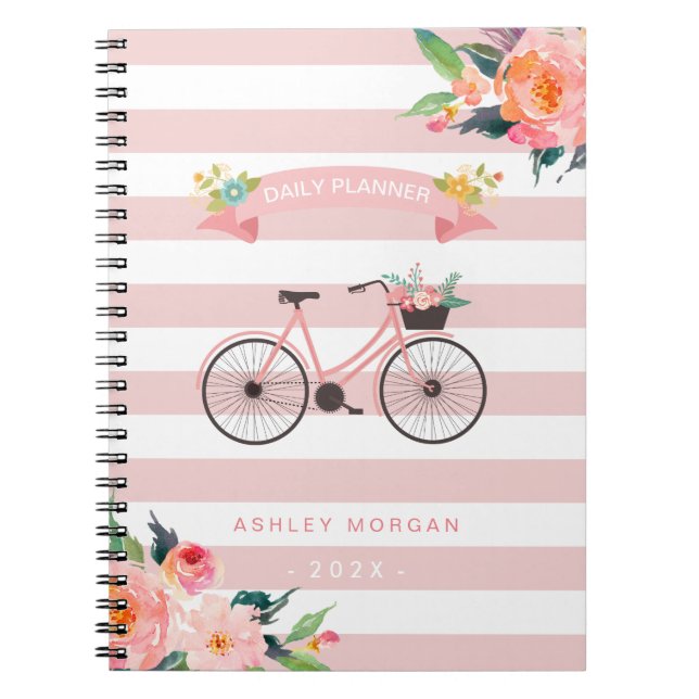 Elegant Chic Bicycle Floral Girly Pink Stripes Notebook (Front)