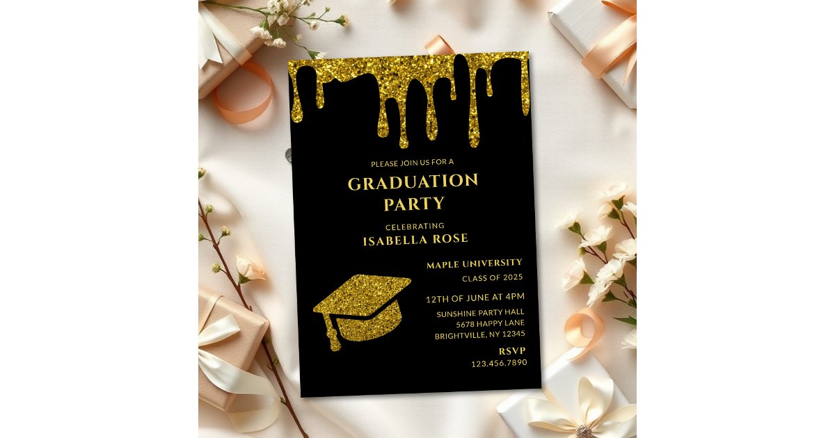 Elegant Chic Black and Gold 2025 Graduation Party Invitation | Zazzle