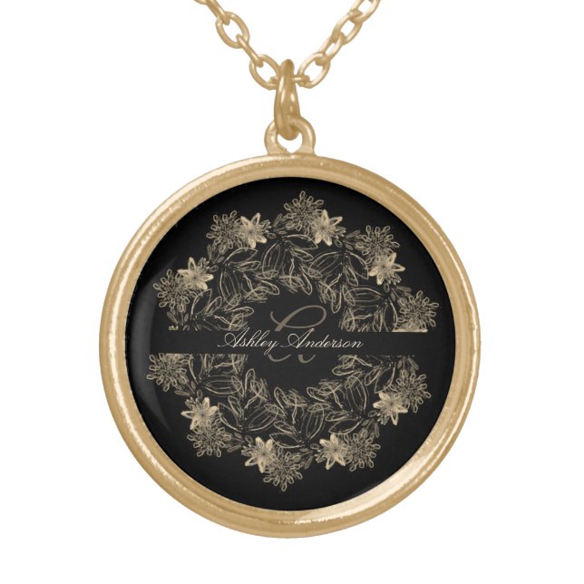 Elegant Chic Black and Gold Floral Script Monogram Gold Plated Necklace (Front)