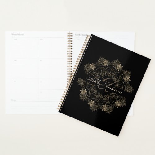 Elegant Chic Black and Gold Floral Script Monogram Planner