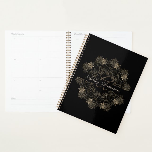 Elegant Chic Black and Gold Floral Script Monogram Planner (Display)