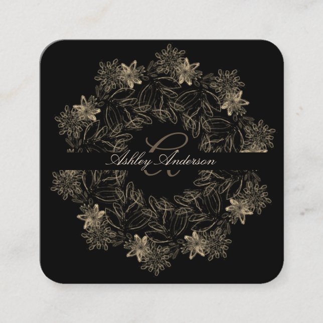 Elegant Chic Black and Gold Floral Script Monogram Square Business Card (Front)