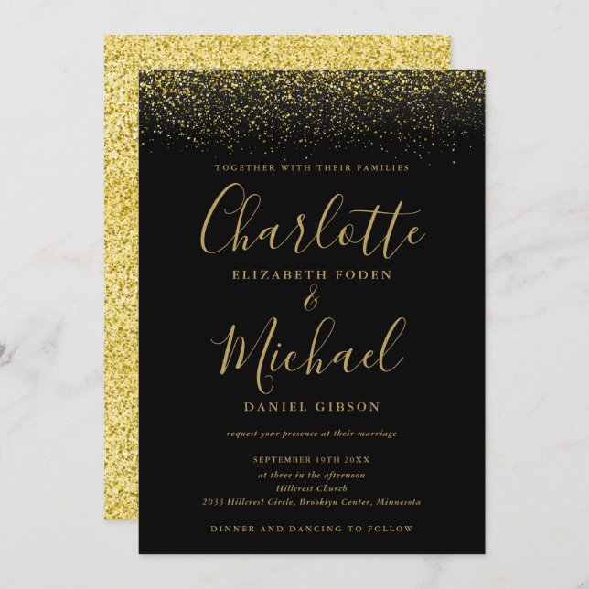 Elegant Chic Black And Gold Glitter Script Wedding Invitation (Front/Back)