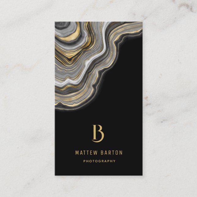 Elegant Chic Black and Gold Marble Monogram Business Card (Front)