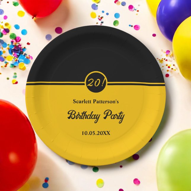 Elegant Chic Black And Gold Trendy 20th Birthday Paper Plates (Creator Uploaded)