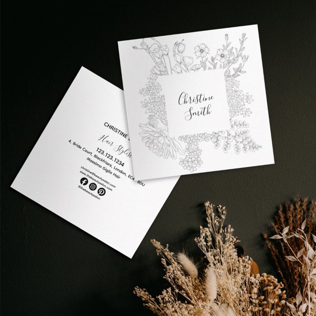 Elegant Chic Black And WhIte Flowers Floral Square Business Card (Creator Uploaded)