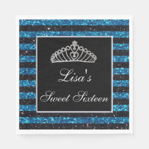Elegant Chic Black Blue Glitter Tiara Sweet 16 Napkins