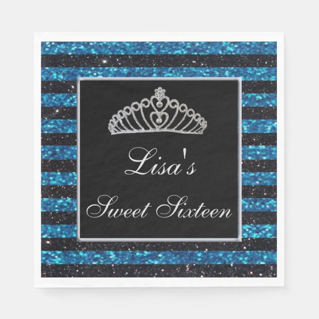 Elegant Chic Black Blue Glitter Tiara Sweet 16 Napkins (Front)
