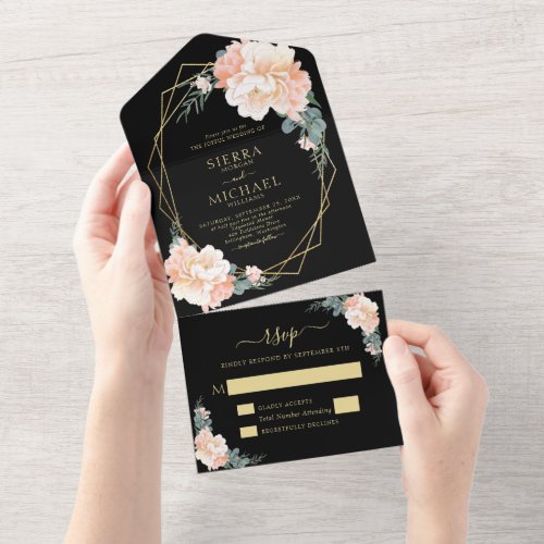 Elegant Chic Black Blush Gold Peach Floral Wedding All In One Invitation
