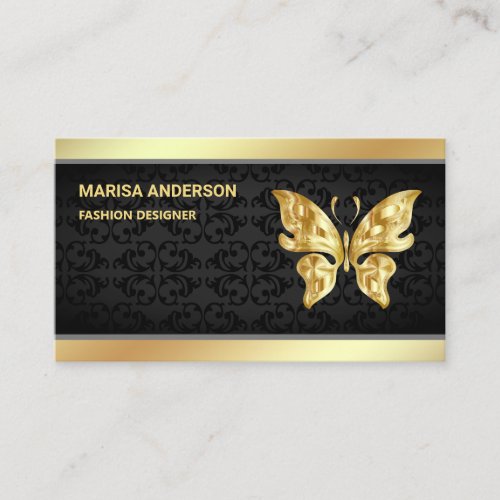 Elegant Chic Black Damask Faux Gold Foil Butterfly Business Card