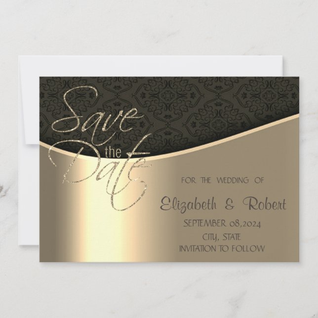 Elegant Chic Black Damask Gold Save The Date (Front)