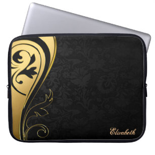 Elegant Chic Black Damask,Gold Swirl-Personalized Laptop Sleeve