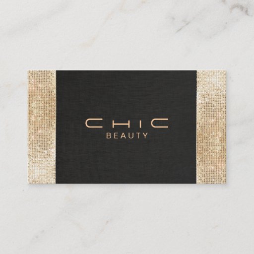 Customizable Elegant Chic Black Linen Gold Sequin Beauty Business Card Templates
