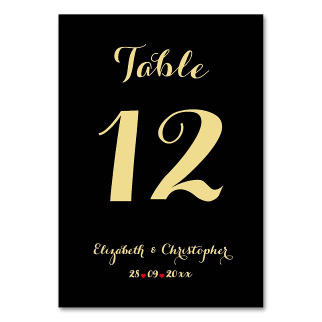 Elegant Chic Black Faux Gold Wedding Bridal Shower Table Number (Front)