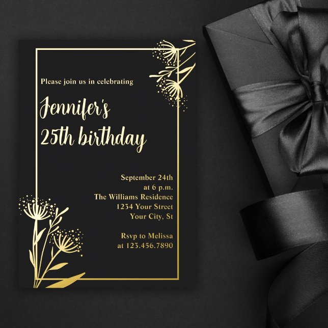 Elegant Chic Black Floral 25th Birthday Party Foil Invitation (Creator Uploaded)