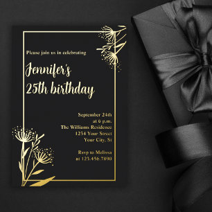 Elegant Chic Black Floral 25th Birthday Party Foil Invitation