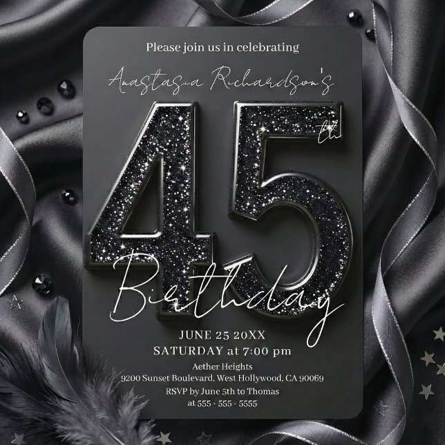 Elegant Chic Black Glitter 45th Birthday Party Invitation (Creator Uploaded)