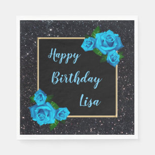 Elegant Chic Black Glitter Blue Roses Birthday Napkins