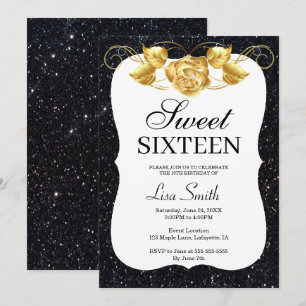 Elegant Chic Black Glitter Gold Rose Sweet 16 Invitation