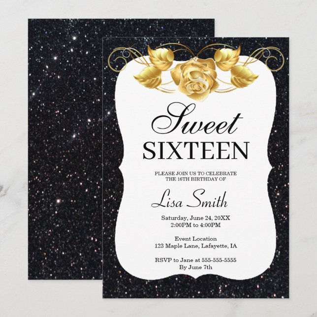 Elegant Chic Black Glitter Gold Rose Sweet 16 Invitation (Front/Back)