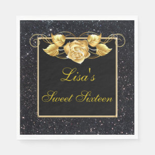 Elegant Chic Black Glitter Gold Rose Sweet 16 Napkins