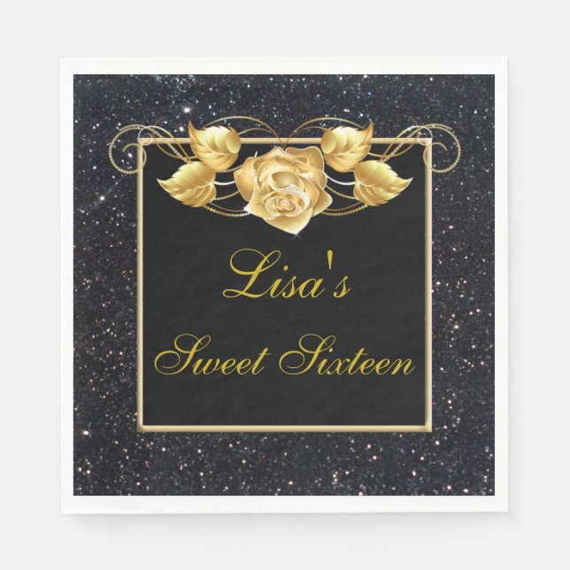 Elegant Chic Black Glitter Gold Rose Sweet 16 Napkins (Front)