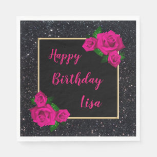 Elegant Chic Black Glitter Pink Roses Birthday Napkins
