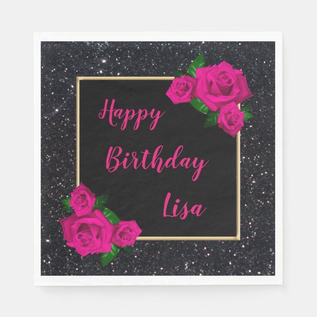 Elegant Chic Black Glitter Pink Roses Birthday Napkins (Front)